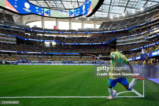 Rodrygo of Brazil kicks a corner during the CONMEBOL Copa America 2024 Group D match between Brazil and Costa Rica at SoFi Stadium on June 24, 2024...