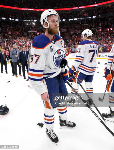 Connor McDavid of the Edmonton Oilers reacts after his team's 2-1 loss against the Florida Panthers in Game Seven of the 2024 Stanley Cup Final at...