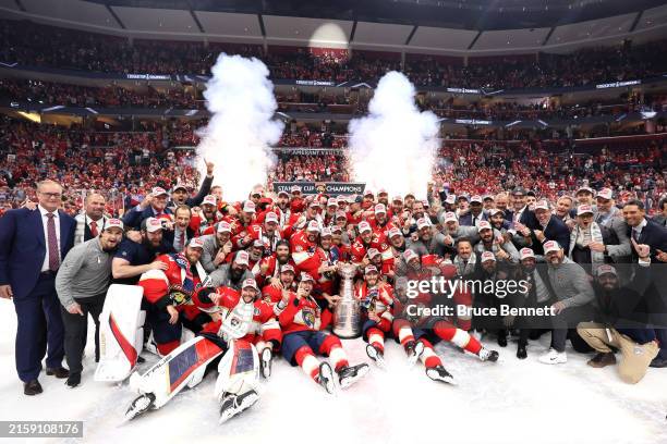 The Florida Panthers pose with the Stanley Cup after Florida's 2-1 victory against the Edmonton Oilers in Game Seven of the 2024 Stanley Cup Final at...
