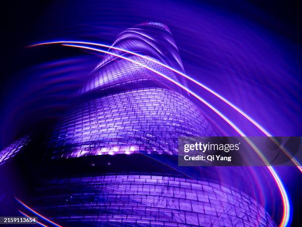 multiple exposure of modern skyscrapers at night. connection, ai, smart city concept - supply chain technology concept stock pictures, royalty-free photos & images