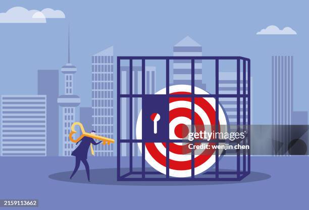 business man uses a key to open the target locked in a cage - mix and match icon stock illustrations