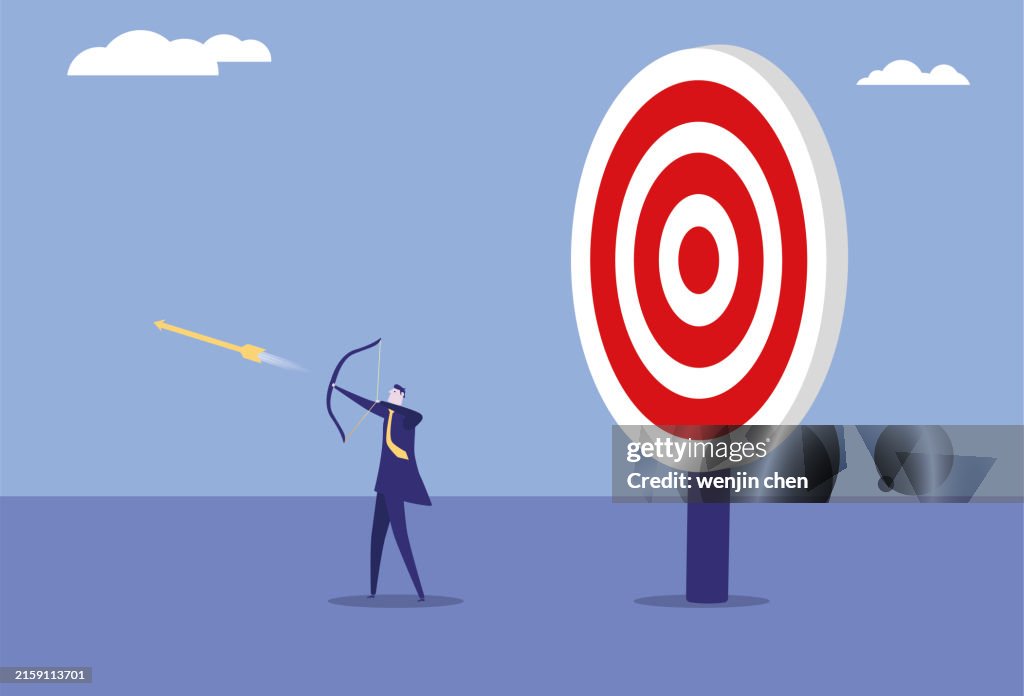 Business man shoots arrows in the opposite direction, the wrong direction of development