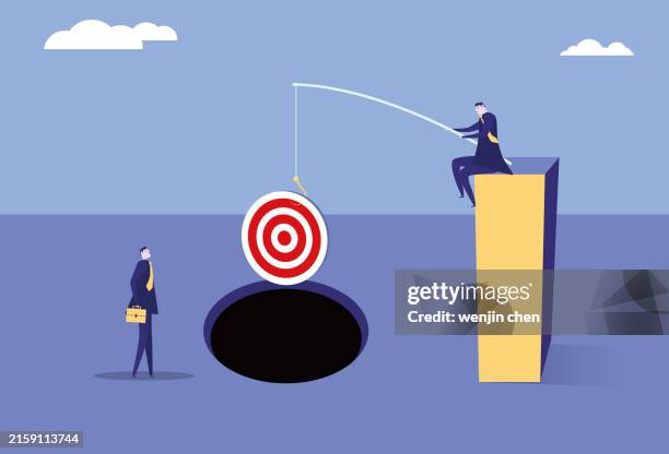 stockillustraties, clipart, cartoons en iconen met businessman uses a target to lure others into a trap - pitfall