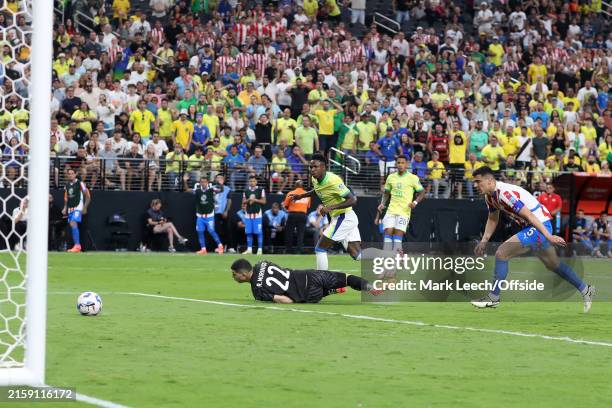 Vinicius Junior of Brazil scoring the opening goa during the CONMEBOL Copa America match between Paraguay and Brazil and at Allegiant Stadium on June...