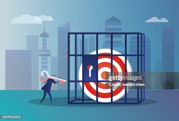 business man uses a key to open the target locked in a cage - multiple targets concept stock illustrations