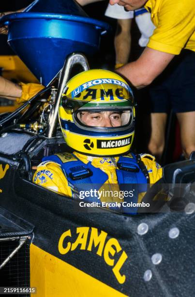 Ayrton Senna during the Brazilian GP at Autodromo Internacional Nelson Piquet on April 12, 1987 in Autodromo Internacional Nelson Piquet, Brazil.