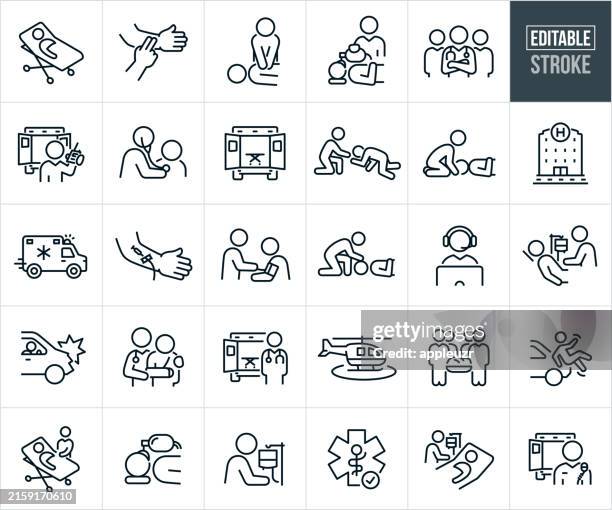 ilustraciones, imágenes clip art, dibujos animados e iconos de stock de íconos de líneas delgadas de emt y paramédicos - trazo editable - trabajador de rescate