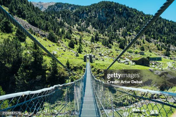 crossing a tibetan suspension bridge during summer hike in the andorra pyrenees. - ponte tibetano foto e immagini stock