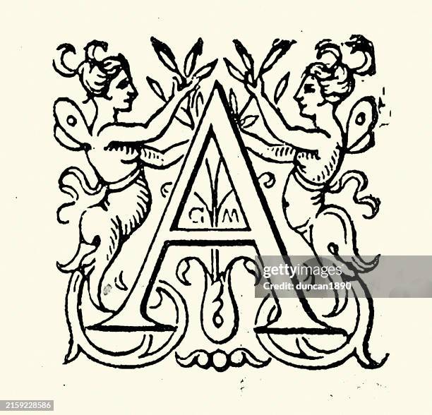 verzierter großbuchstabe a-design, stil des 19. jahrhunderts, feen - monogramm stock-grafiken, -clipart, -cartoons und -symbole
