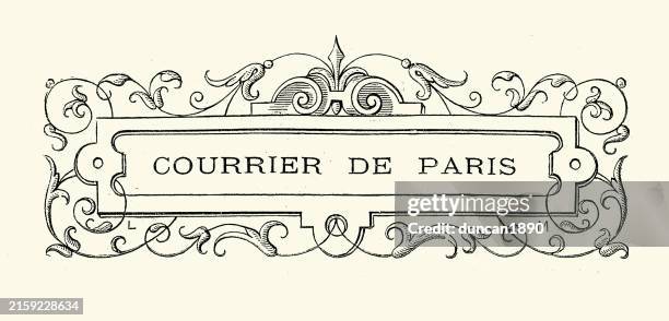 ilustraciones, imágenes clip art, dibujos animados e iconos de stock de elemento de diseño ornamentado, marco de título, courrier de paris, estilo del siglo xix - estilo victoriano