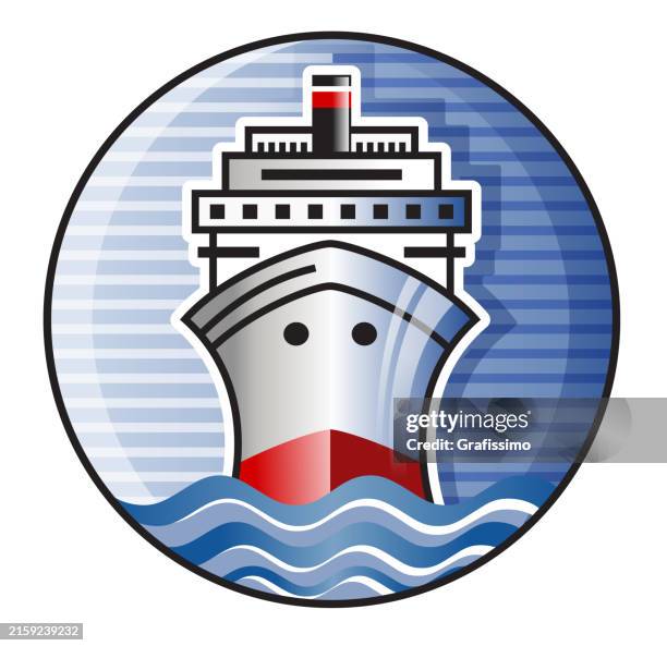 cruise ship logo in circle with sky and ocean waves - nautical style stock illustrations