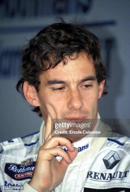 Ayrton Senna in the Williams garage during the San Marino GP at Autodromo Internazionale Enzo e Dino Ferrari on May 01, 1994 in Autodromo...