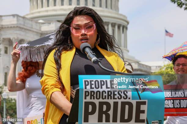 Drag performer Jiggly Caliente speaks during a press conference advocating for LGBTQ+ rights on Capitol Hill on June 25, 2024 in Washington, DC.