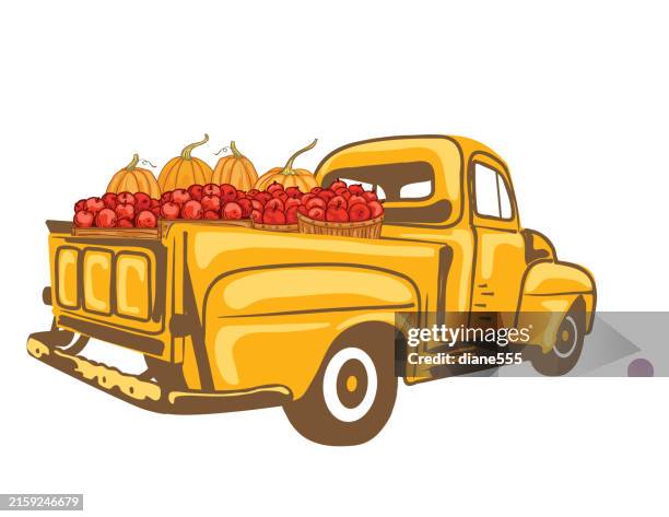 vintage pickup truck with fall pumpkins on a transparent background - fruit truck stock illustrations