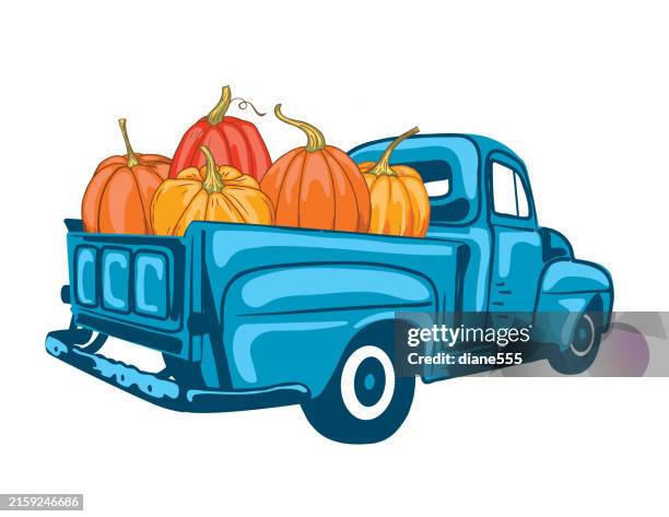 vintage pickup truck with fall pumpkins on a transparent background - harvest festival stock illustrations