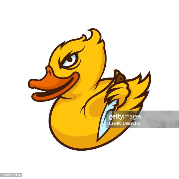duck, duckling character mascot with knife - cartoon vector icon sticke - dodging stock illustrations