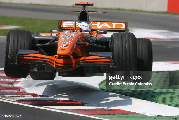 Adrian Sutil, Spyker F8-VII Ferrari, gets airborne over the kerbs at the last chicane during practice during the Canadian GP at Circuit...