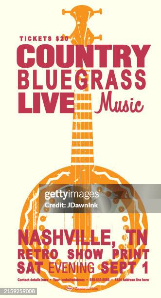 illustrations, cliparts, dessins animés et icônes de modèle de conception de typographie d’affiche rétro de style nashville country bluegrass coloré avec banjo - country music