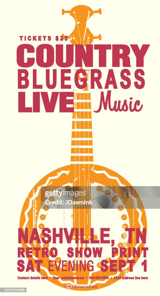 Colorful Nashville Country Bluegrass style retro poster typography design template with banjo