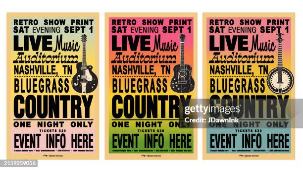 ilustrações de stock, clip art, desenhos animados e ícones de set of nashville country bluegrass style retro poster typography design template with gradient background and instruments guitar, acoustic guitar, banjo - música acústica