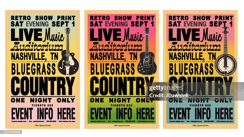 Set of Nashville Country Bluegrass style retro poster typography design template with gradient background and instruments guitar, acoustic guitar, banjo