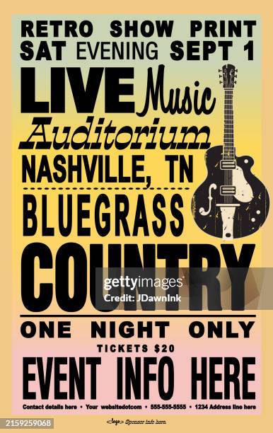 illustrations, cliparts, dessins animés et icônes de modèle de conception de typographie d’affiche rétro de style nashville country bluegrass avec fond dégradé et guitare électrique - nashville