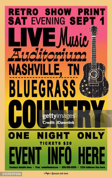ilustraciones, imágenes clip art, dibujos animados e iconos de stock de plantilla de diseño de tipografía de póster retro estilo nashville country bluegrass con fondo degradado y guitarra acústica de instrumento - tennessee