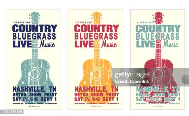 set of colorful nashville country bluegrass style retro poster typography design template with acoustic guitar - nashville guitar stock illustrations