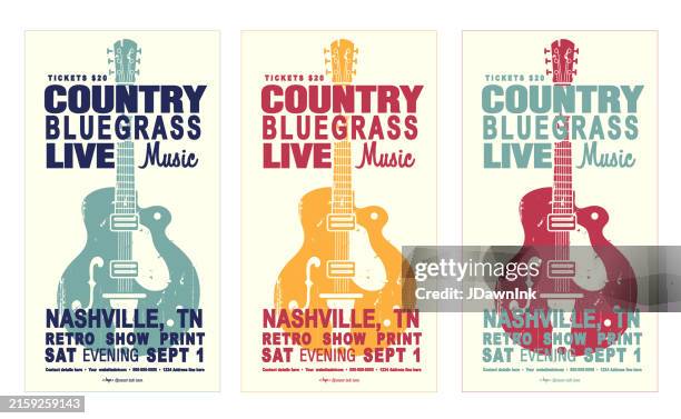 illustrations, cliparts, dessins animés et icônes de ensemble de modèle de conception de typographie d’affiche rétro de style nashville country bluegrass coloré avec guitare électrique - nashville country
