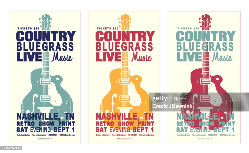 Set of colorful Nashville Country Bluegrass style retro poster typography design template with electric guitar