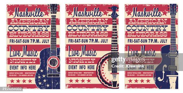 set von country bluegrass festival retro show stil retro poster typografie design vorlage mit strukturierter akustikgitarre, banjo und e-gitarre mit amerikanischer flagge - country musik stock-grafiken, -clipart, -cartoons und -symbole
