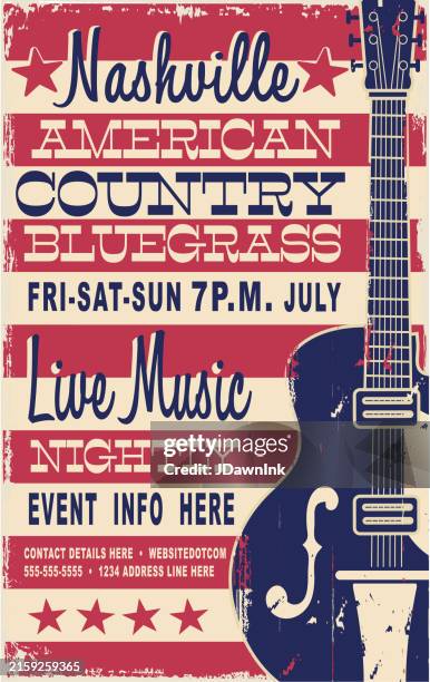 illustrations, cliparts, dessins animés et icônes de modèle de conception de typographie d’affiche rétro de style country bluegrass festival retro show avec guitare électrique texturée avec drapeau américain - country music