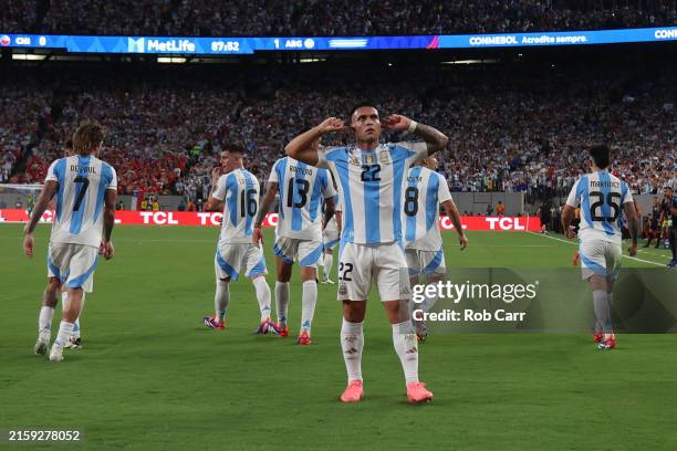 Lautaro Martinez of Argentina celebrates after scoring the team's first goal during the CONMEBOL Copa America 2024 match between Chile and Argentina...