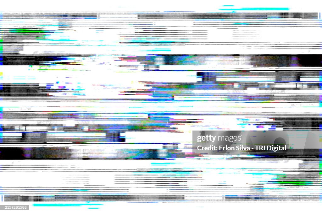 White background with a composition of block designs and stripes on top with a glitch effect