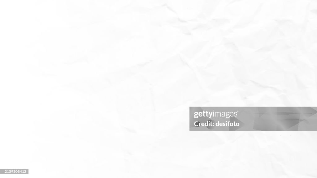 White coloured crumpled crushed wrinkled crinkled paper horizontal vector backgrounds with folds, wrinkles and creases all over like a plain blank empty waste page with copy space