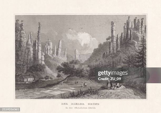 biela vallley, saxon switzerland, germany, steel engraving, published in 1836 - saxon switzerland national park stock illustrations