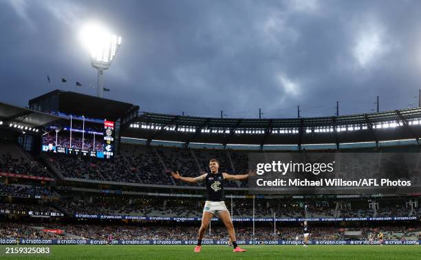 Patrick Cripps of the Blues celebrates a goal during the 2024 AFL Round 16 match between the Richmond Tigers and the Carlton Blues at The Melbourne...