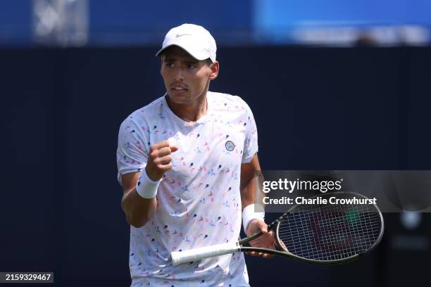 Charles Broom of Great Britain celebrates against Billy Harris of Great Britain during the Men's Singles Round of 16 match on Day Five of the...