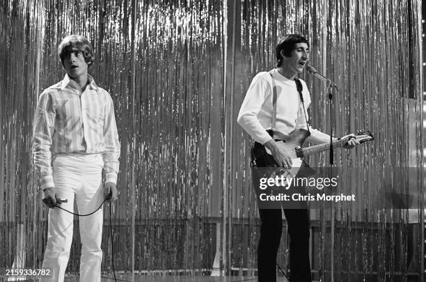 British singer and musician Roger Daltrey and British guitarist and songwriter Pete Townshend, playing his Rickenbacker Rose-Morris guitar, as...