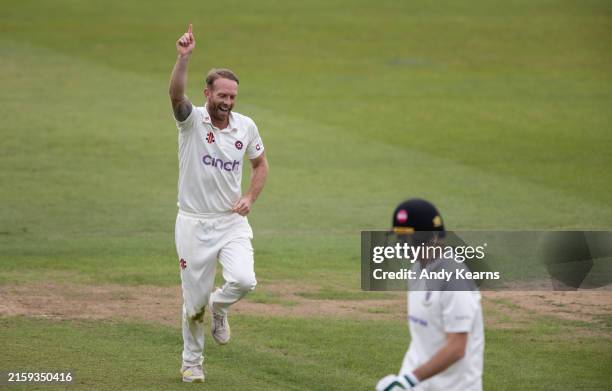 Luke Proctor of Northamptonshire celebrates after taking the wicket of Daniel Hughes of Sussex during the Vitality County Championship division two...