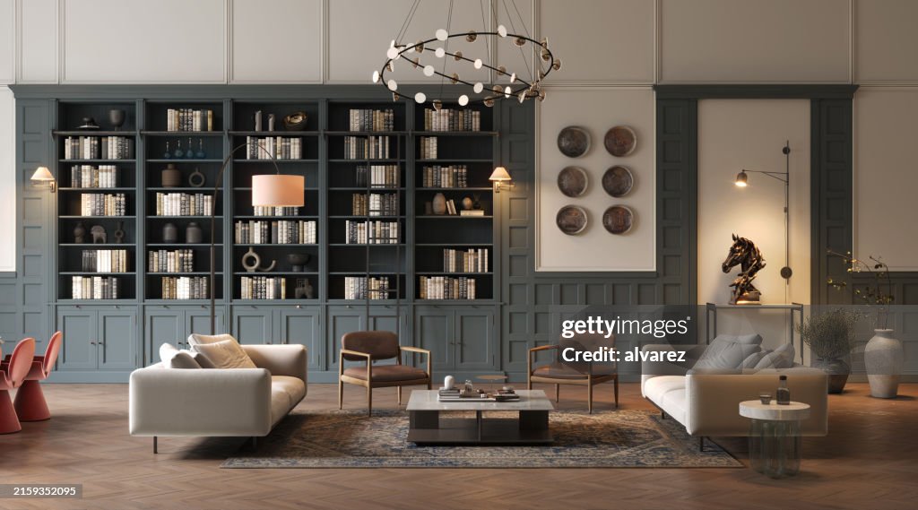 Wohnzimmer im alten Stil mit einem Bücherregal in 3D
