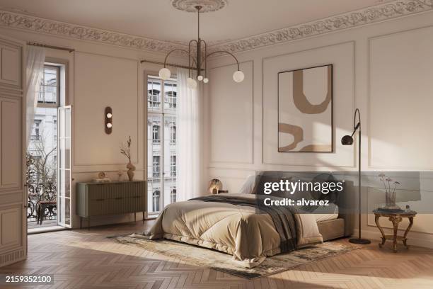 immagine generata digitalmente della camera da letto vecchio stile con accesso al balcone - pavimento di legno foto e immagini stock