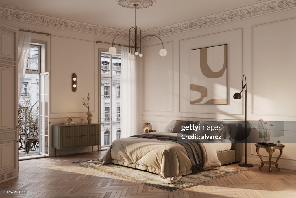 Digitally generated image of old style bedroom with access to balcony
