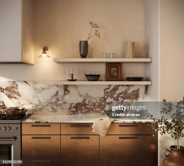 3d rendering of a kitchen interior design with marble stone wall - interiores em exposição imagens e fotografias de stock