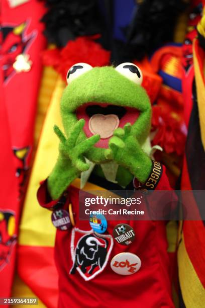 Detailed view of a Kermit puppet, from The Muppet Show, held by a fan of Belgium prior to the UEFA EURO 2024 group stage match between Ukraine and...