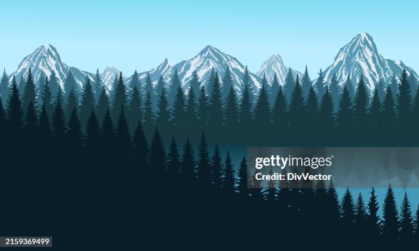 lake surrounded by forest vector illustration - cedar tree stock illustrations