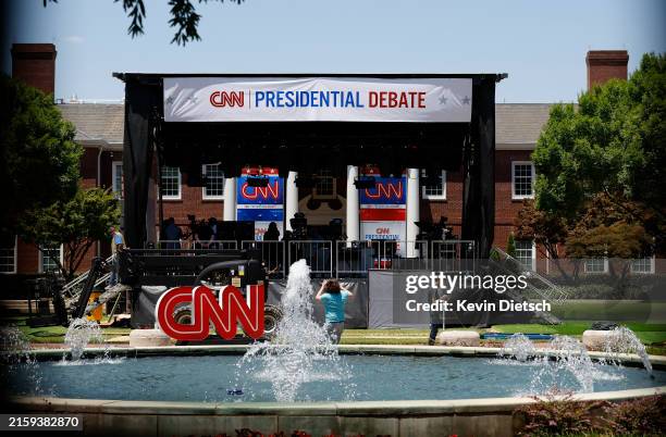 Signage for a CNN presidential debate is seen outside of their studios at the Turner Entertainment Networks on June 26, 2024 in Atlanta, Georgia....
