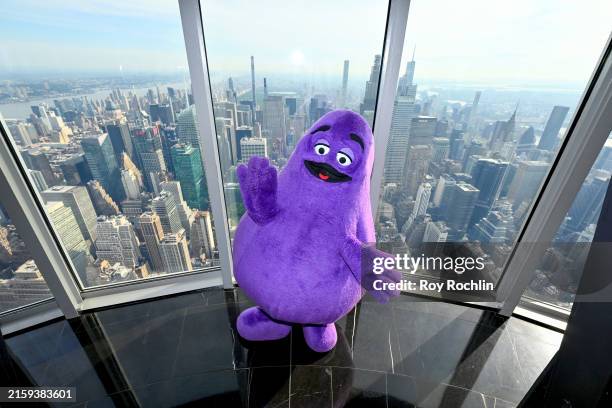 Grimace Celebrates Birthday at The Empire State Building on June 26, 2024 in New York City.