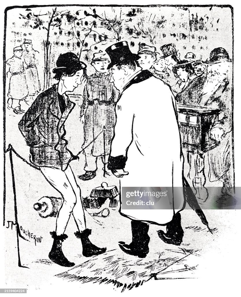 Man with stovepipe hat talking to a young man without pants, in the background plays the Salvation Army
