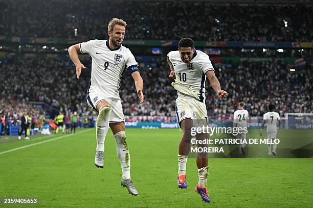 England's forward Harry Kane and England's midfielder Jude Bellingham celebrate after Kane scored his team's second goal during the UEFA Euro 2024...